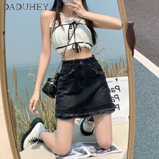 DaDuHey🎈 Women New Korean Style Ins Denim Skirt Raw Edge High Waist A- Line Skirt Plus Size Hip Skirt