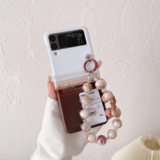 เคสโทรศัพท์มือถือแบบแข็ง กันกระแทก ลายกาแฟ พร้อมสายโซ่คล้อง ประดับโบว์ สําหรับ Samsung Galaxy Z Flip 4 5G 3in1 Z Flip 3