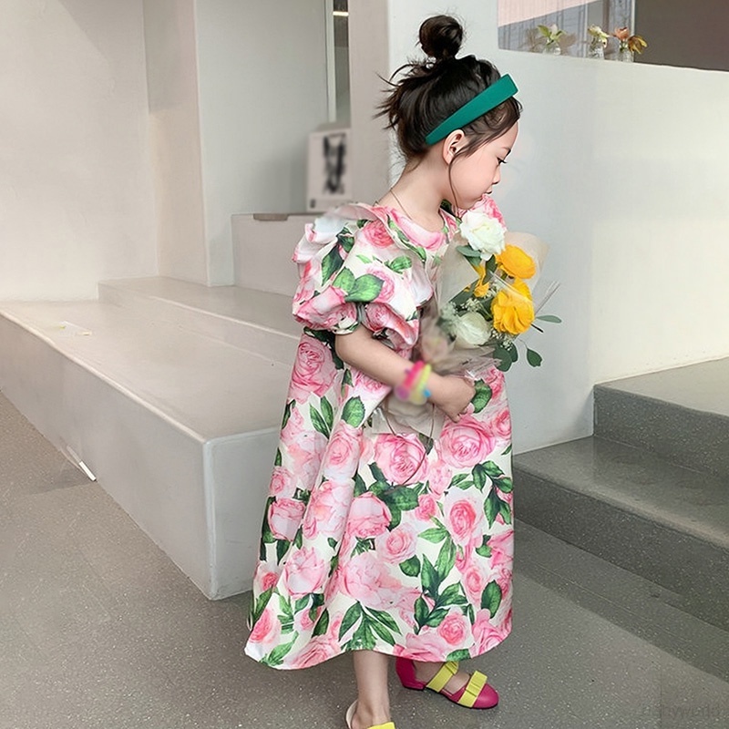 ชุดเดรสเจ้าหญิง-คอกลม-แขนสั้น-พิมพ์ลายดอกไม้-สไตล์เกาหลี-สําหรับเด็กผู้หญิง