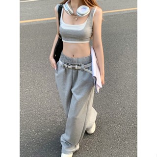 กางเกงกีฬา ขากว้าง เอวสูง ผ้าเดรป แบบยืดหยุ่น ทรงหลวม ขนาดเล็ก แฟชั่นฤดูใบไม้ผลิ สําหรับผู้หญิง