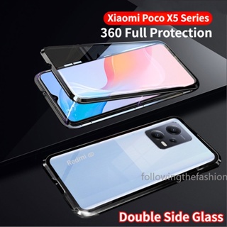 เคสโทรศัพท์มือถือกระจกนิรภัย กรอบโลหะแม่เหล็ก สองด้าน 360 สําหรับ Xiaomi Poco X5 Pro 5G 2023 X 5° เคสแข็ง แบบฝาพับ กันกระแทก สําหรับป้องกันเต็มรูปแบบ