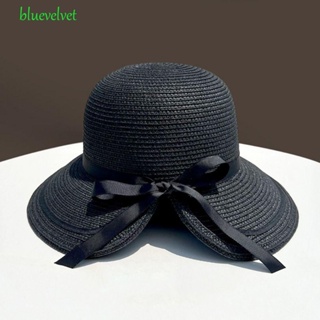 Bluevelvet หมวกฟาง กันแดด ป้องกันรังสียูวี ประดับโบว์ พร้อมหัวเข็มขัด แฟชั่นเรียบง่าย