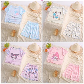 Kawaii Sanrioed Hellokittys Kuromi Cinnamoroll ชุดนอนเสื้อแขนสั้น กางเกงขาสั้น สองชิ้น สําหรับเด็ก