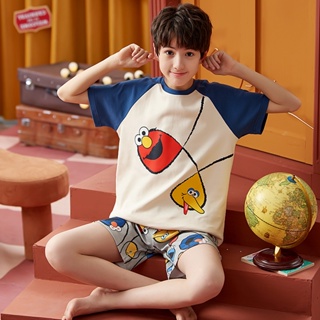 New short-sleeved pure cotton childrens pajamas Summer Thin Sesame Street Big Kids Cute Cartoon Home Clothes