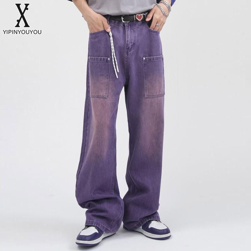 yipinyouyou-กางเกงยีนส์ผู้ชาย-แฟชั่น-สไตล์เกาหลี-สีม่วง-กางเกงยีนส์ทรงหลวม-ยอดนิยม-ใส่ได้ทั้งชายและหญิง