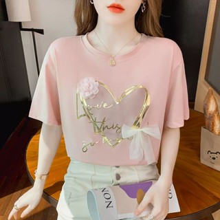 เสื้อยืดแขนสั้น ผ้าฝ้าย 100% ประดับโบว์ ทรงหลวม สไตล์เกาหลี แฟชั่นฤดูร้อน สําหรับผู้หญิง 2023