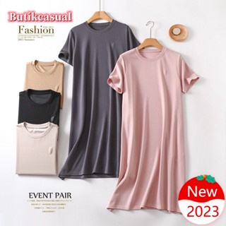 ชุดเดรสเสื้อยืด คอกลม แขนสั้น ผ้าฝ้าย พิมพ์ลาย มีกระเป๋า แฟชั่นฤดูร้อน สําหรับผู้หญิง 2023