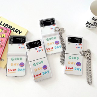 เคสโทรศัพท์มือถือแบบแข็ง กันกระแทก ลายหน้ายิ้ม สีเงิน พร้อมสายโซ่คล้อง สําหรับ Samsung Galaxy Z Flip 4 5G 3in1 Z Flip 3 Flip 5