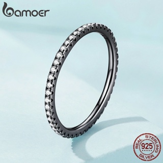 Bamoer แหวนเงินสเตอร์ลิง 925 ประดับเพทาย สีดํา เรียบง่าย ของขวัญ สําหรับผู้หญิง SCR066