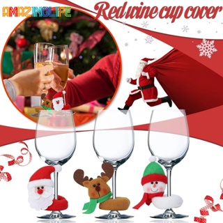 ฝาครอบแก้วไวน์ รูปตุ๊กตาซานตาคลอส กวางเรนเดียร์ สโนว์แมน สีแดง น่ารัก สําหรับคริสต์มาส