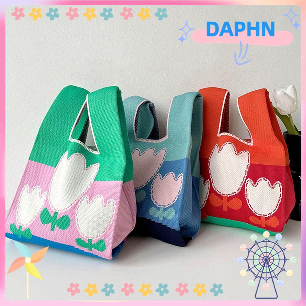 daphs-กระเป๋าถือ-ผ้าถัก-ลายสก๊อต-ดอกไม้-ใช้ซ้ําได้-สําหรับผู้หญิง