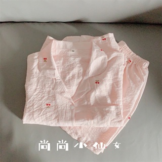 ชุดนอน เสื้อแขนสั้น กางเกงขาสั้น ลายเชอร์รี่ สีชมพู สไตล์ญี่ปุ่น แฟชั่นฤดูร้อน สําหรับผู้หญิง 2023