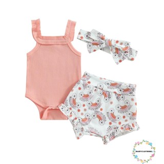 Babyclothes- ชุดรอมเปอร์ กางเกงขาสั้น ผ้าถัก พิมพ์ลายตัวอักษร สีรุ้ง แฟชั่นฤดูร้อน สําหรับเด็กผู้หญิง 3 ชิ้น