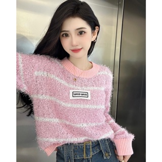 3JCI MIU MIU 2023 autumn and winter new bright silk pink two-color round neck long sleeve pullover knitted top womens letter Embroidery Fashion