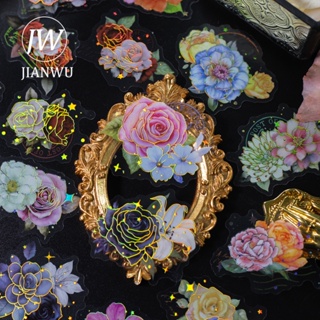Jianwu สติกเกอร์ PET ลายดอกไม้สี่ฤดู สามมิติ สีบรอนซ์ สร้างสรรค์ สําหรับตกแต่งเครื่องเขียน DIY 20 แผ่น