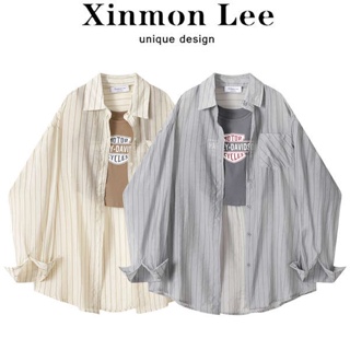 ชุดเซ็ทสาวอวบ เสื้อเชิ้ตกันแดดลายทางแบบลำลองของ XinmonLee สำหรับผู้หญิงเสื้อสายเดี่ยวฤดูร้อนชุดสองชิ้นทรงหลวมดูผอมเรียบหรู