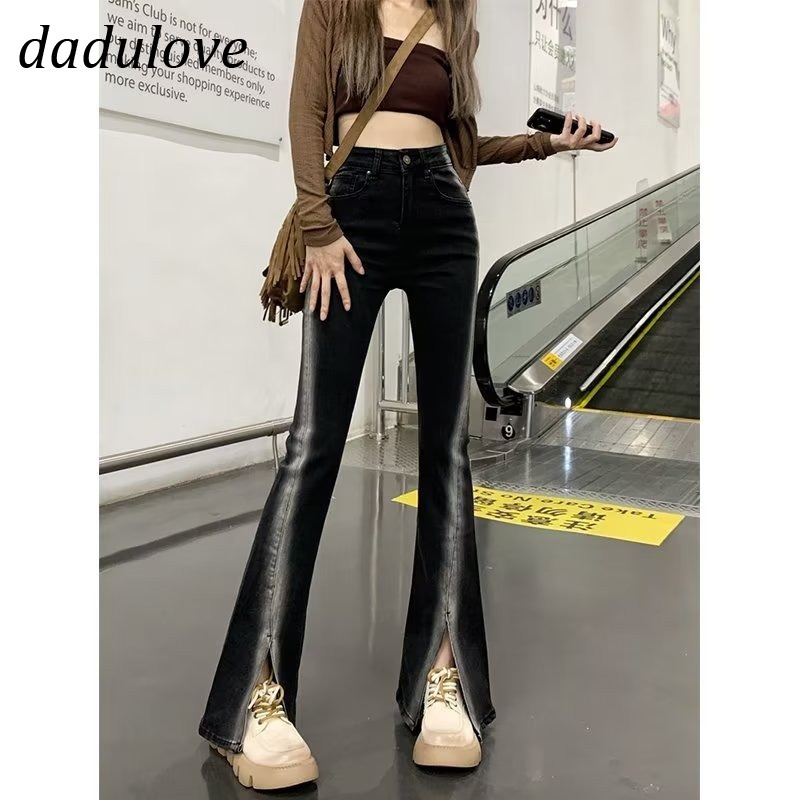 dadulove-new-korean-version-of-ins-high-waist-slit-jeans-womens-slim-fit-flared-pants-large-size-trousers
