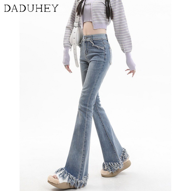 daduhey-new-korean-style-ins-light-blue-high-waisted-jeans-raw-edge-elastic-micro-flared-trousers-bootcut-jeans