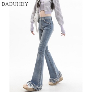 DaDuHey🎈 New Korean Style Ins Light Blue High-waisted Jeans Raw Edge Elastic Micro Flared Trousers Bootcut Jeans