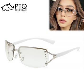 แว่นตากันแดด ไร้กรอบ ทรงสี่เหลี่ยม ประดับเพชร สไตล์เรโทร แฟชั่นสําหรับผู้ชาย ผู้หญิง PTQ
