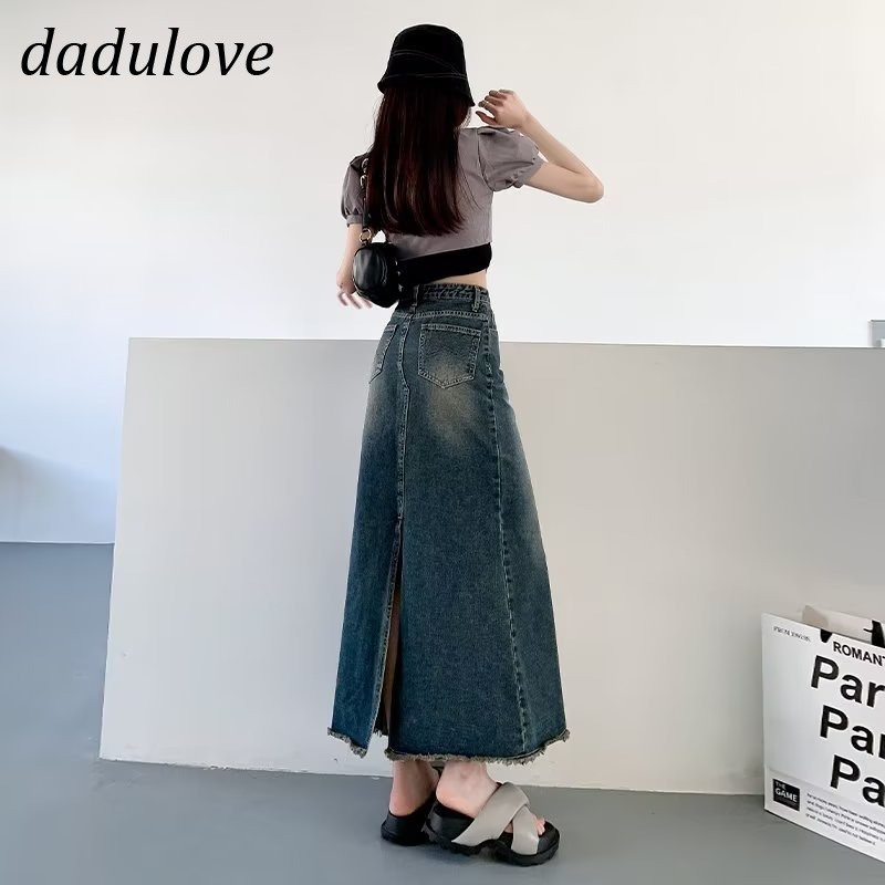 dadulove-new-korean-version-of-ins-high-waist-denim-skirt-raw-edge-slit-a-word-skirt-large-size-package-hip-skirt