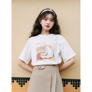 เสื้อยืดแขนสั้นลําลอง พิมพ์ลายการ์ตูน สีขาว แฟชั่นฤดูร้อน สไตล์ฮ่องกงเรโทร สําหรับผู้หญิง 2023