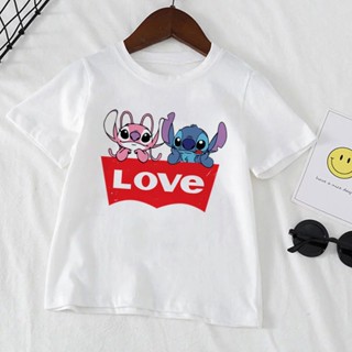 เสื้อยืดแขนสั้น พิมพ์ลายการ์ตูน Stitch Kawaii สีขาว สําหรับเด็กผู้ชาย และเด็กผู้หญิง