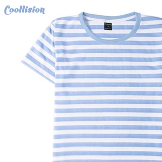 #Coollision-ฺBlue Sky 1cm.- เสื้อยืดแขนสั้นลายทาง เสื้อลายทางสีฟ้าอ่อนสลับขาว ริ้ว 1 ซม.unisex