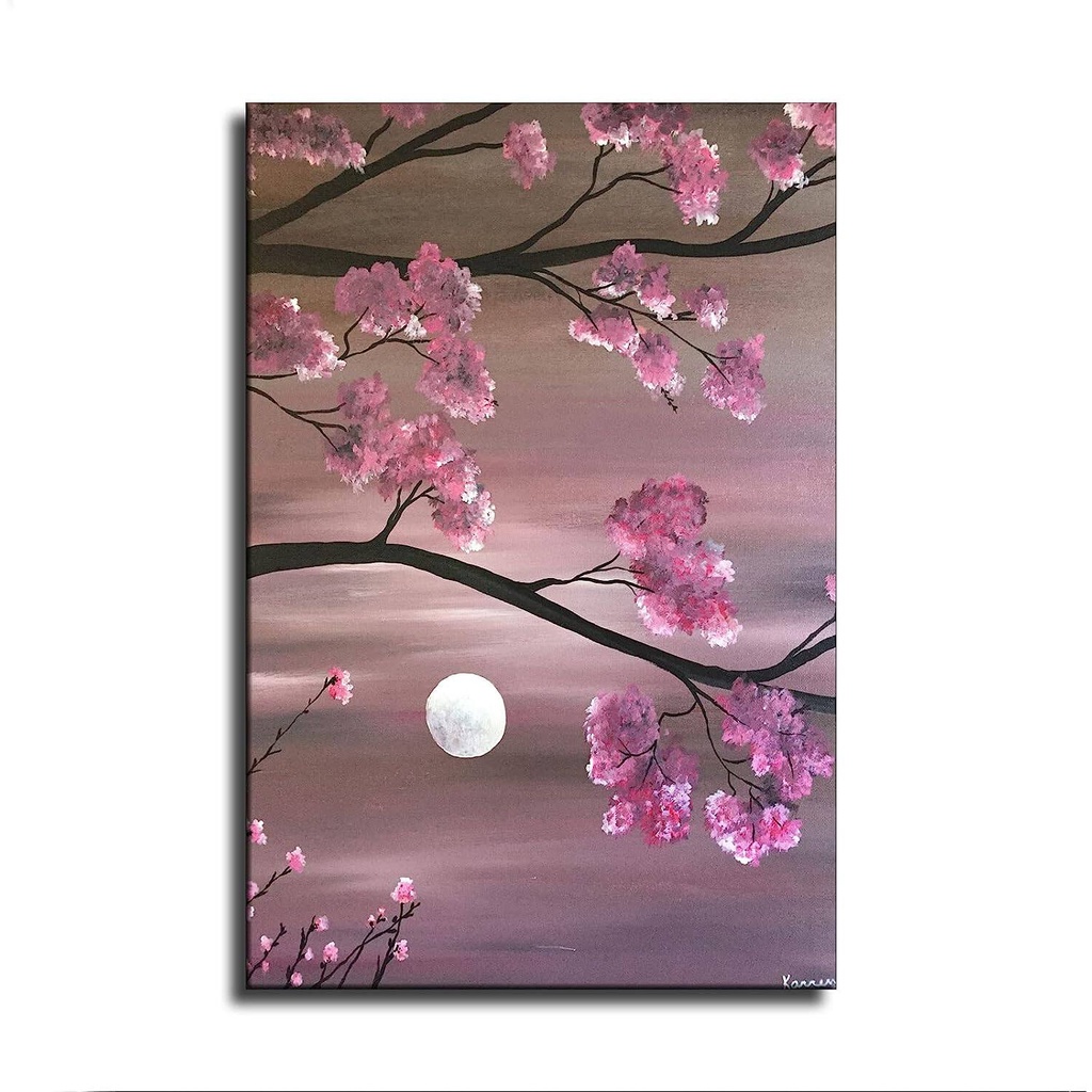โปสเตอร์ภาพวาดผ้าใบ-รูปดวงจันทร์-ดอกซากุระ-สีชมพู-สไตล์โมเดิร์น-สําหรับตกแต่งผนังห้องนอน-ห้องครัว
