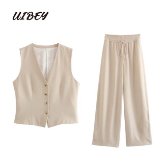 Uibey เสื้อแขนกุด คอวี + กางเกงขากว้าง เอวสูง แฟชั่น 7701