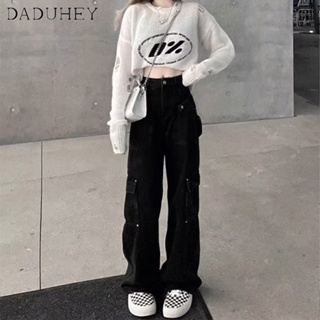 DaDuHey🎈 New American Style Ins High Street Multi-pocket Jeans Niche High Waist Wide Leg Pants Large Size Cargo Pants