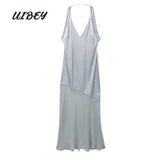 Uibey ชุดเดรส คอวี ผ้าซาติน เปลือยหลัง สีพื้น แฟชั่น 8924