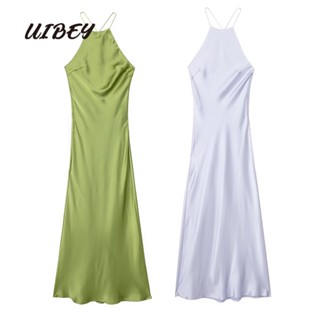 Uibey ชุดเดรส ผ้าไหมซาติน สีพื้น แฟชั่น 8802