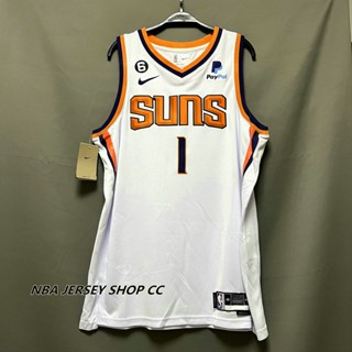 【คุณภาพสูง】ใหม่ ของแท้ NBA Phoenix Suns สําหรับผู้ชาย #1 เสื้อกีฬาแขนสั้น ลายทีม Devin Booker White Jersey 2022-23 Association Edition Swingman ชุดเหวี่ยง สีขาว