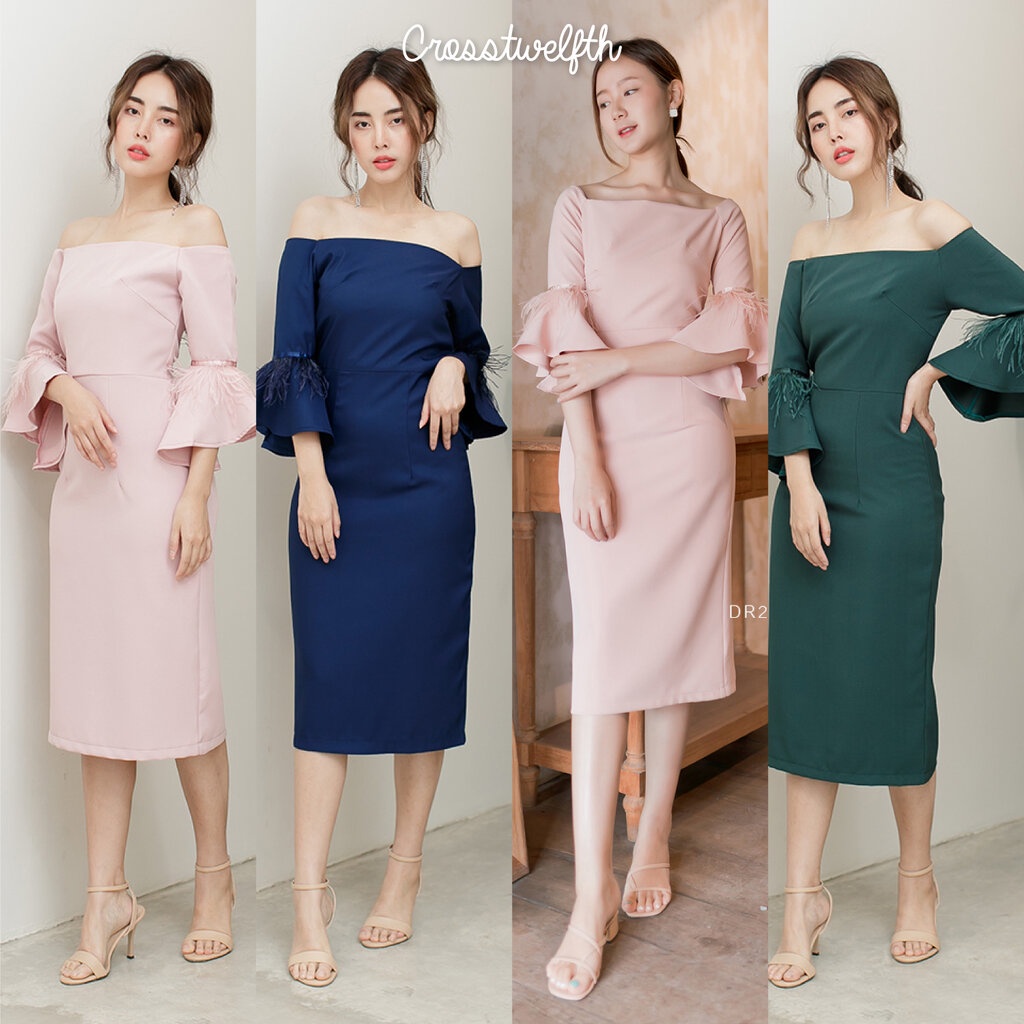 dr2261-เดรสเปิดไหล่-off-shoulder-แต่งขนนก