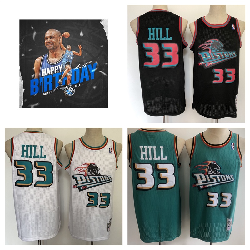 detroit-pistons-33-grant-hill-เสื้อบาสเก็ตบอลสีดำของผู้ชายสั้น-เสื้อยืดกีฬา