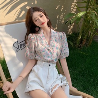 N-Yoda เสื้อเชิ้ตแขนสั้น แขนพัฟ แบบบาง ลายดอกไม้ สไตล์ฝรั่งเศสเรโทร