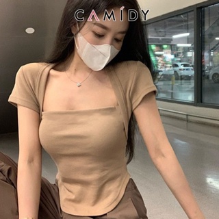 Camidy เสื้อยืดคอกลมสีขาวแขนสั้นสไตล์ใหม่ของผู้หญิงสาวร้อนความปรารถนาที่บริสุทธิ์การออกแบบการเพาะปลูกด้วยตนเองบนเสื้อ bottoming