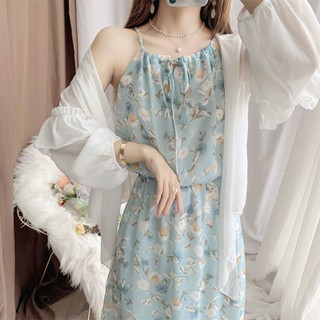 พร้อมส่ง ชุดเดรสกระโปรงยาว ผ้าชีฟอง ลายดอกไม้ ขนาดเล็ก เหมาะกับเดินชายหาด แฟชั่นฤดูร้อน สําหรับสตรี N5UF