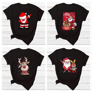 Christmas T-Shirt เสื้อยืดสีดำพิมพ์ลายการ์ตูนซานตาคลอสรุ่นใหม่คอกลมแขนสั้นชายหญิงคู่