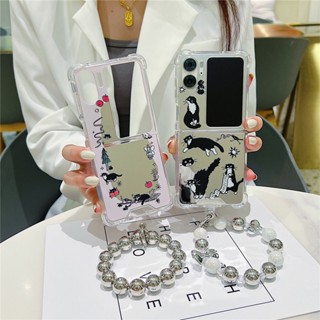 สําหรับ OPPO Find N2 พลิกกระจก เคสการ์ตูนแมวน่ารัก พร้อมสร้อยข้อมือ PC เคสแข็ง กันกระแทก เคสโทรศัพท์ สร้างสรรค์