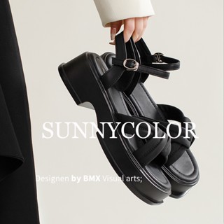 SUNNYCOLOR รองเท้าแตะ ส้นหนา พื้นนิ่ม  แฟชั่นฤดูร้อน สไตล์โรมัน สําหรับผู้หญิง 2023 B28G0F1