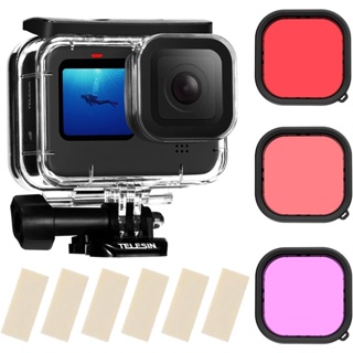 Telesin เคสกันน้ํา พร้อมตัวกรองดําน้ําลึก 3 แพ็ก สําหรับ GoPro Hero 11 10 9 สีดํา รองรับ 60 ม. 196 ฟุต ดําน้ําลึก พร้อมตัวกรอง Magenta สีแดง Go Pro