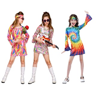 เด็กสาว Retro Hippie ชุดแฟชั่นดิสโก้เวทีแสดงเครื่องแต่งกายฮาโลวีนชุดปาร์ตี้คอสเพลย์