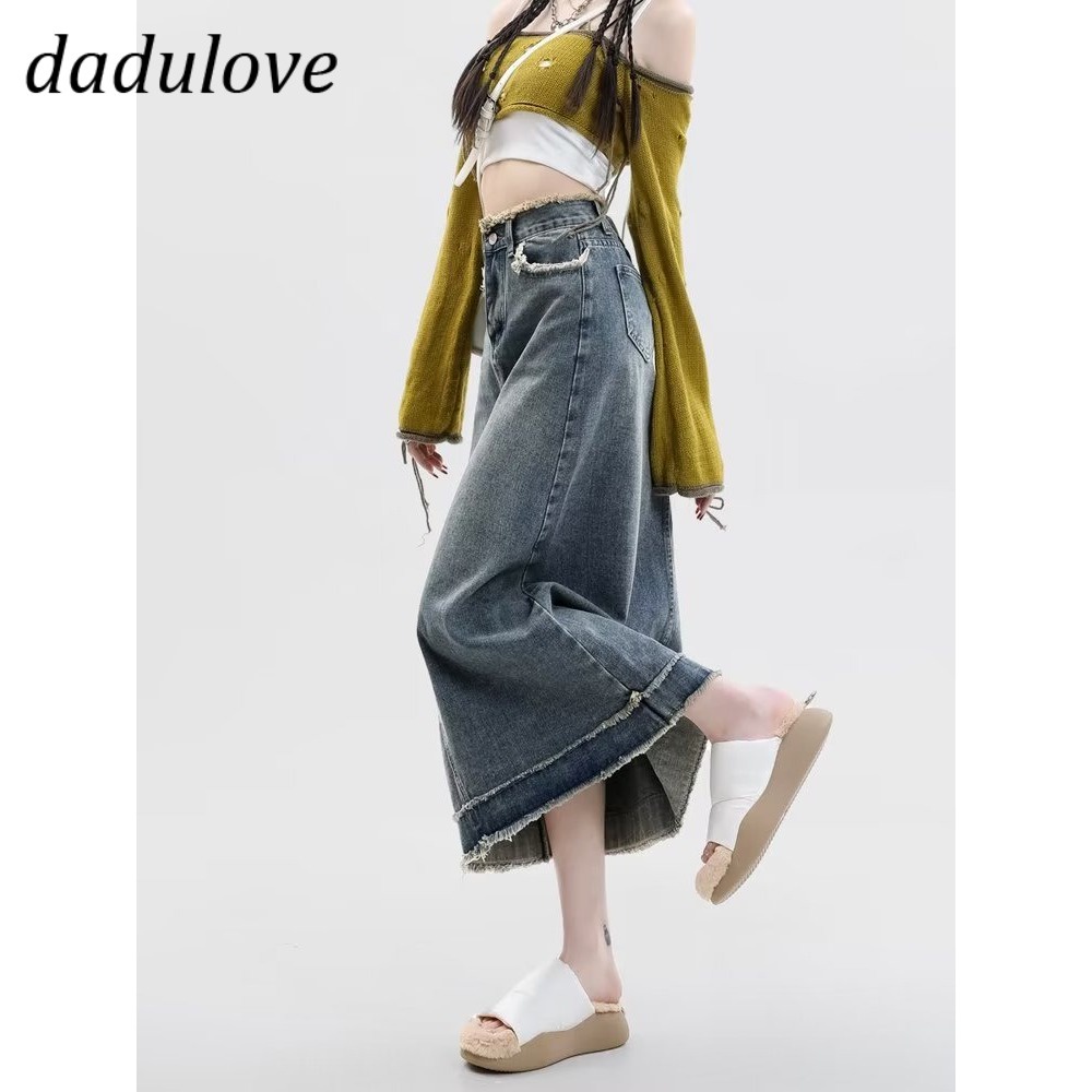 dadulove-new-korean-version-of-ins-retro-raw-edge-denim-skirt-niche-high-waist-a-line-skirt-package-hip-skirt