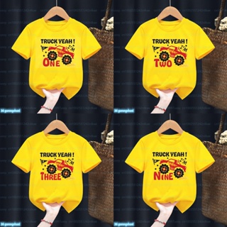 เสื้อยืดแขนสั้น พิมพ์ลาย Love Truck yeah Number 1-9 Happy Birthday สีเหลือง สําหรับเด็กผู้ชาย และผู้หญิง