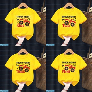 เสื้อยืดแขนสั้น พิมพ์ลาย Love Truck yeah Number 1-9 Happy Birthday สีเหลือง สําหรับเด็กผู้ชาย และผู้หญิง