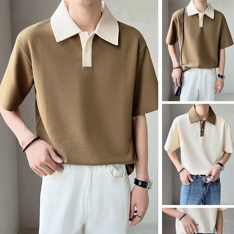 เสื้อโปโลแขนสั้น-คอปก-ทรงหลวม-ลายวาฟเฟิล-สไตล์เกาหลี-สําหรับผู้ชาย-slc27