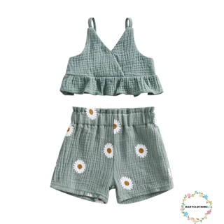 Babyclothes- เสื้อผ้าเด็กวัยหัดเดิน เด็กผู้หญิง ฤดูร้อน 2 ชิ้น ชุด สีพื้น ระบาย เสื้อกั๊กสลิง + กางเกงขาสั้น ลายดอกไม้