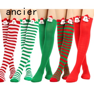 Ancier ถุงเท้ายาวเหนือเข่า ลายซานตาคลอสน่ารัก พลัสไซซ์ สําหรับผู้หญิง